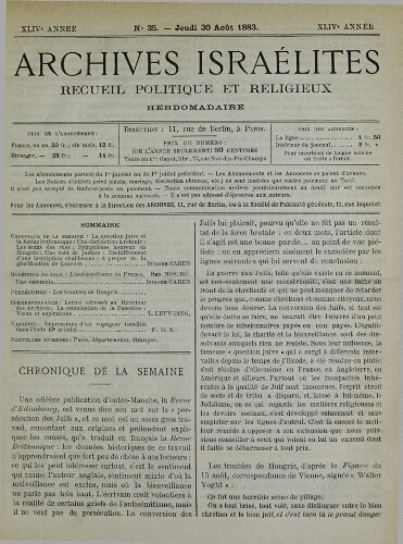Archives israélites de France. Vol.44 N°35 (30 août 1883)